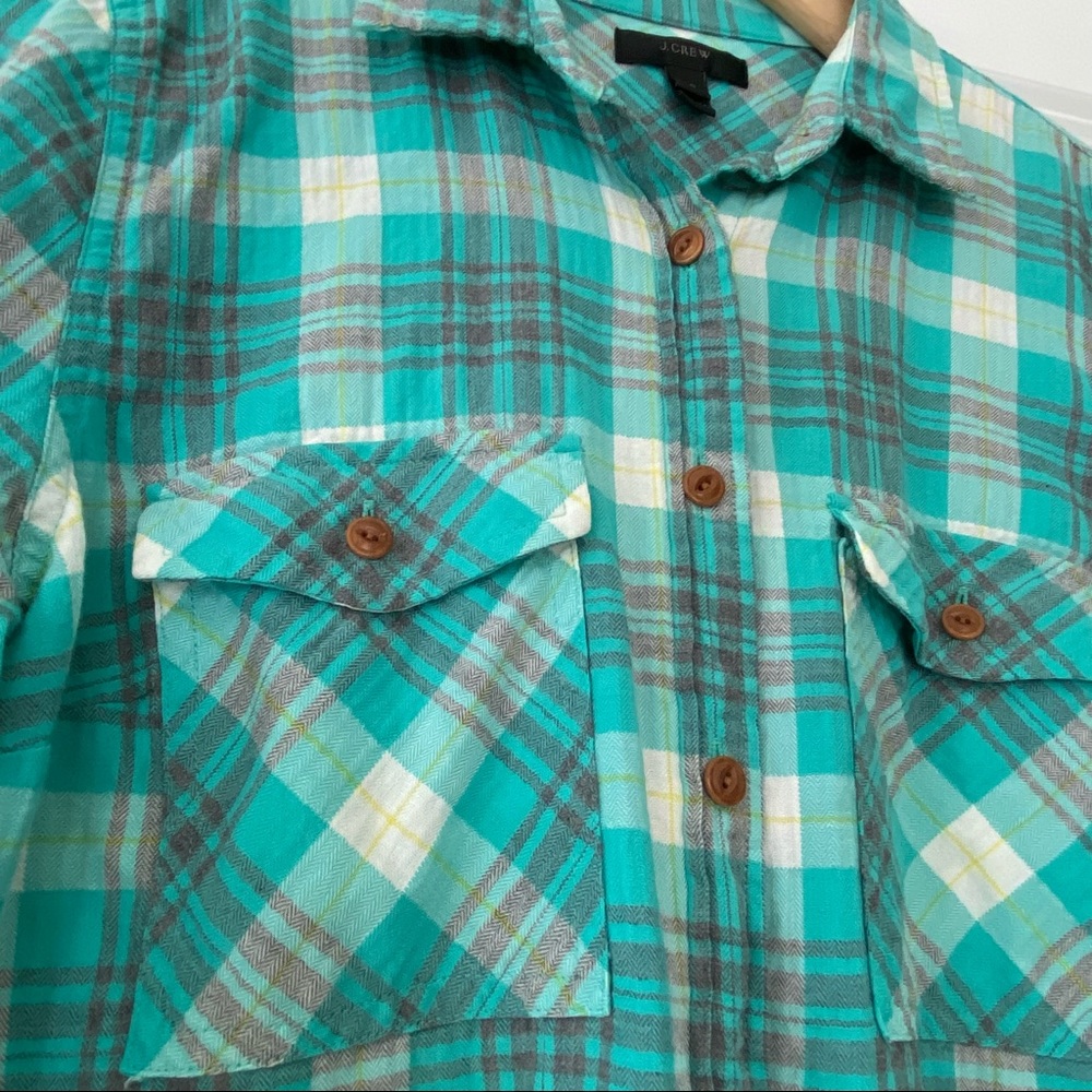 J Crew Aqua "Emerald Plaid Boyfriend Shirt" Button-Front Blouse + MEASUREMENTS! - Picture 2 of 8